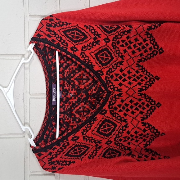 Roman's Red/Black Boho Wide Sleeve V-Neck Sweater. Size 14/16 - Picture 2 of 7